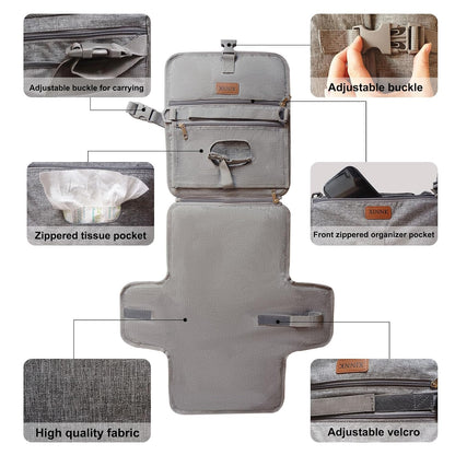 Portable Changing Pad for Baby, Travel Diaper Changing Pad for Newborn, Waterproof Baby Changing Mat, Foldable & Detachable Diaper Changing Station with Baby Wipes Pockets(Grey)