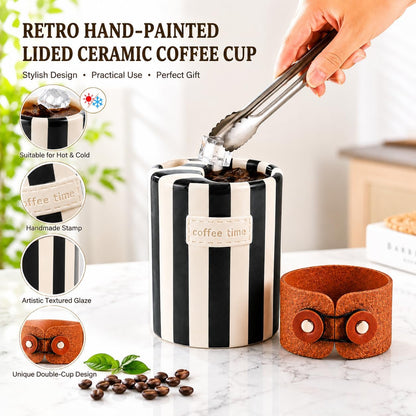 Shelprojsu 10oz Ceramic Travel Coffee Mug,Ceramic Mug with Sip hole Hand Painted Coffee Mugs with Sleeve Cup,Can Work as a Gift Ideal for Coffee Lovers (Brown)