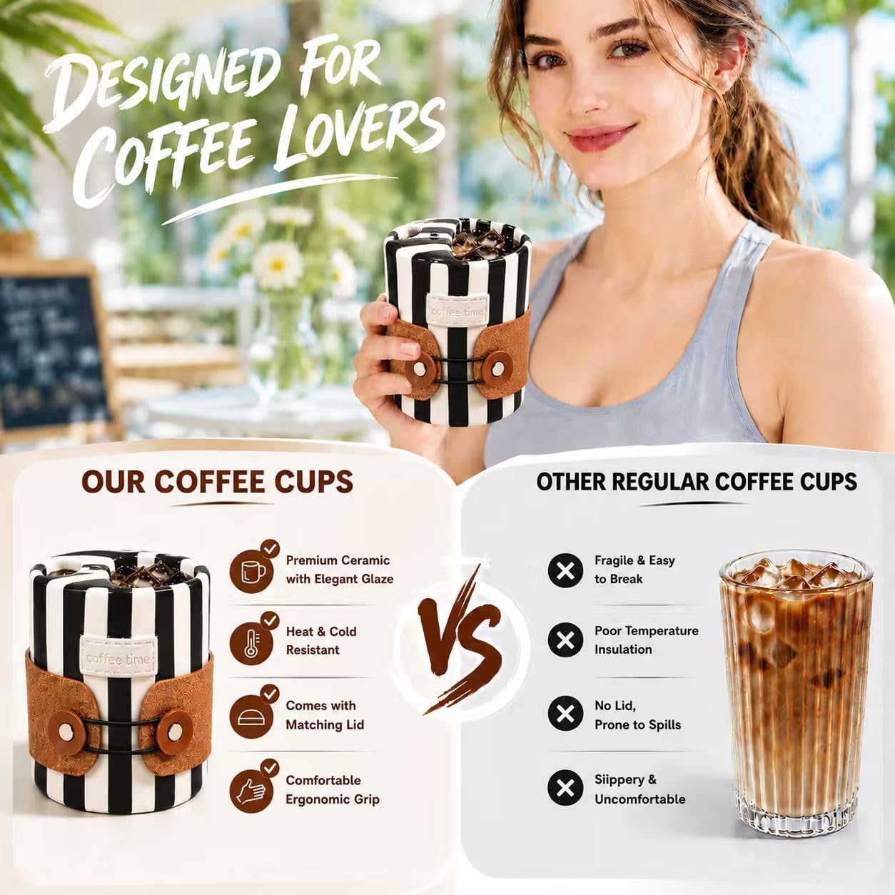 Shelprojsu 10oz Ceramic Travel Coffee Mug,Ceramic Mug with Sip hole Hand Painted Coffee Mugs with Sleeve Cup,Can Work as a Gift Ideal for Coffee Lovers (Brown)