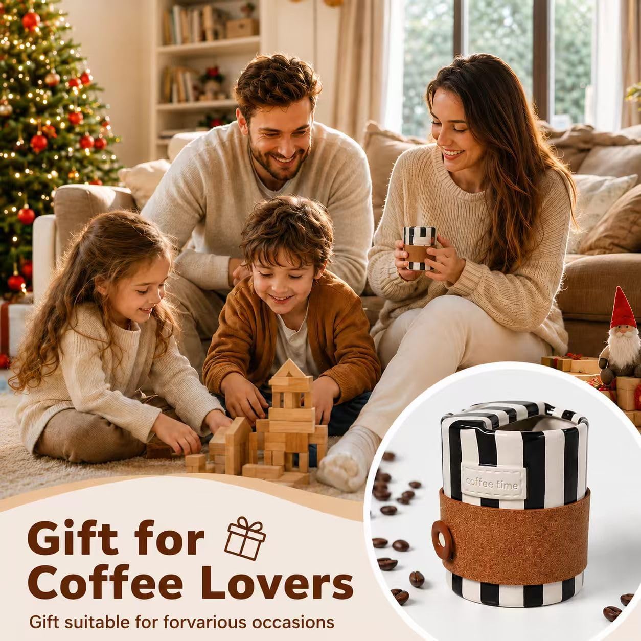 Shelprojsu 10oz Ceramic Travel Coffee Mug,Ceramic Mug with Sip hole Hand Painted Coffee Mugs with Sleeve Cup,Can Work as a Gift Ideal for Coffee Lovers (Brown)