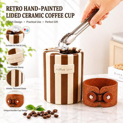 Shelprojsu 10oz Ceramic Travel Coffee Mug,Ceramic Mug with Sip hole Hand Painted Coffee Mugs with Sleeve Cup,Can Work as a Gift Ideal for Coffee Lovers (Brown)