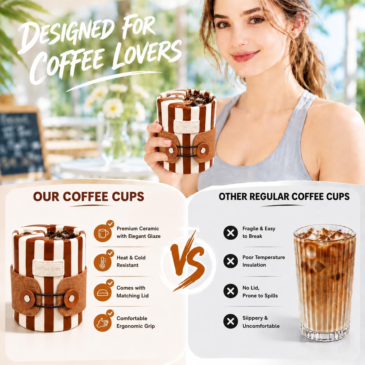 Shelprojsu 10oz Ceramic Travel Coffee Mug,Ceramic Mug with Sip hole Hand Painted Coffee Mugs with Sleeve Cup,Can Work as a Gift Ideal for Coffee Lovers (Brown)
