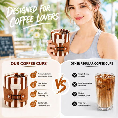 Shelprojsu 10oz Ceramic Travel Coffee Mug,Ceramic Mug with Sip hole Hand Painted Coffee Mugs with Sleeve Cup,Can Work as a Gift Ideal for Coffee Lovers (Brown)