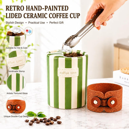 Shelprojsu 10oz Ceramic Travel Coffee Mug,Ceramic Mug with Sip hole Hand Painted Coffee Mugs with Sleeve Cup,Can Work as a Gift Ideal for Coffee Lovers (Brown)