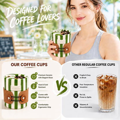 Shelprojsu 10oz Ceramic Travel Coffee Mug,Ceramic Mug with Sip hole Hand Painted Coffee Mugs with Sleeve Cup,Can Work as a Gift Ideal for Coffee Lovers (Brown)