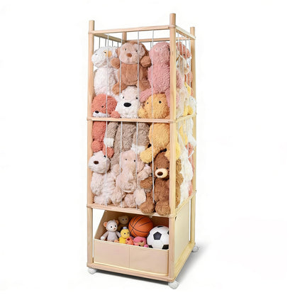 Stuffed Animal Storage, Wood Stuffed Animal Zoo Storage with Brake Wheels, Space Save Toy Organizer, Large Capacity Stuffed Animal Holder, Perfect for Nursery Playroom Kidroom Bedroom-54.3 Inch
