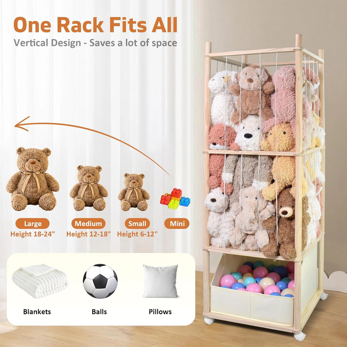 Stuffed Animal Storage, Wood Stuffed Animal Zoo Storage with Brake Wheels, Space Save Toy Organizer, Large Capacity Stuffed Animal Holder, Perfect for Nursery Playroom Kidroom Bedroom-54.3 Inch