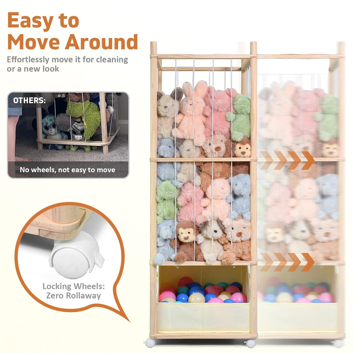 Stuffed Animal Storage, Wood Stuffed Animal Zoo Storage with Brake Wheels, Space Save Toy Organizer, Large Capacity Stuffed Animal Holder, Perfect for Nursery Playroom Kidroom Bedroom-54.3 Inch