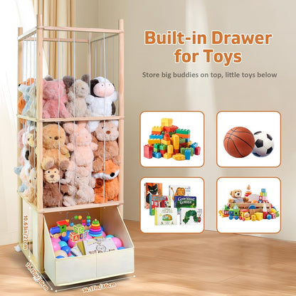 Stuffed Animal Storage, Wood Stuffed Animal Zoo Storage with Brake Wheels, Space Save Toy Organizer, Large Capacity Stuffed Animal Holder, Perfect for Nursery Playroom Kidroom Bedroom-54.3 Inch