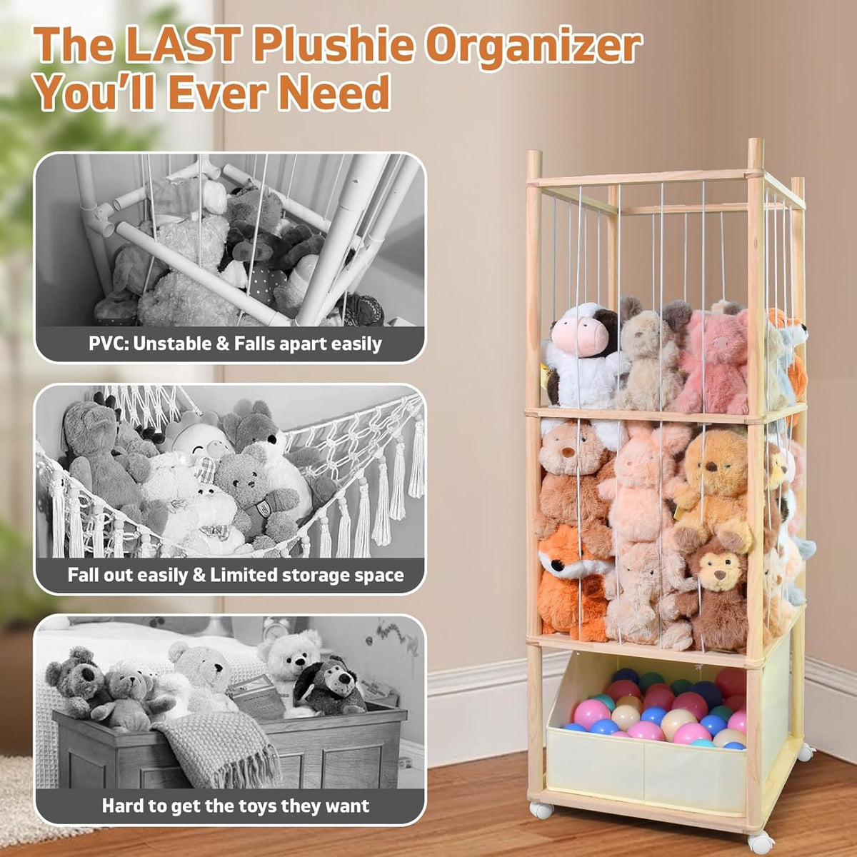 Stuffed Animal Storage, Wood Stuffed Animal Zoo Storage with Brake Wheels, Space Save Toy Organizer, Large Capacity Stuffed Animal Holder, Perfect for Nursery Playroom Kidroom Bedroom-54.3 Inch