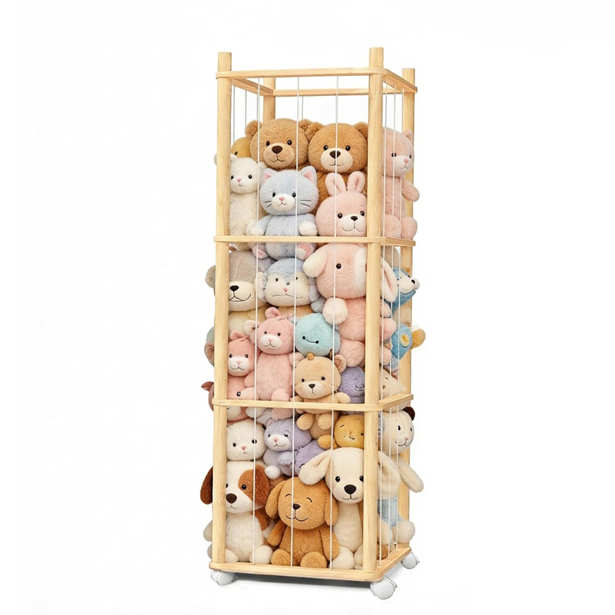 Stuffed Animal Storage, Wood Stuffed Animal Zoo Storage with Brake Wheels, Space Save Toy Organizer, Large Capacity Stuffed Animal Holder, Perfect for Nursery Playroom Kidroom Bedroom-54.3 Inch