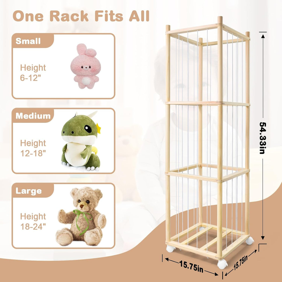 Stuffed Animal Storage, Wood Stuffed Animal Zoo Storage with Brake Wheels, Space Save Toy Organizer, Large Capacity Stuffed Animal Holder, Perfect for Nursery Playroom Kidroom Bedroom-54.3 Inch