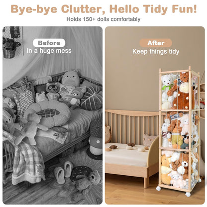 Stuffed Animal Storage, Wood Stuffed Animal Zoo Storage with Brake Wheels, Space Save Toy Organizer, Large Capacity Stuffed Animal Holder, Perfect for Nursery Playroom Kidroom Bedroom-54.3 Inch