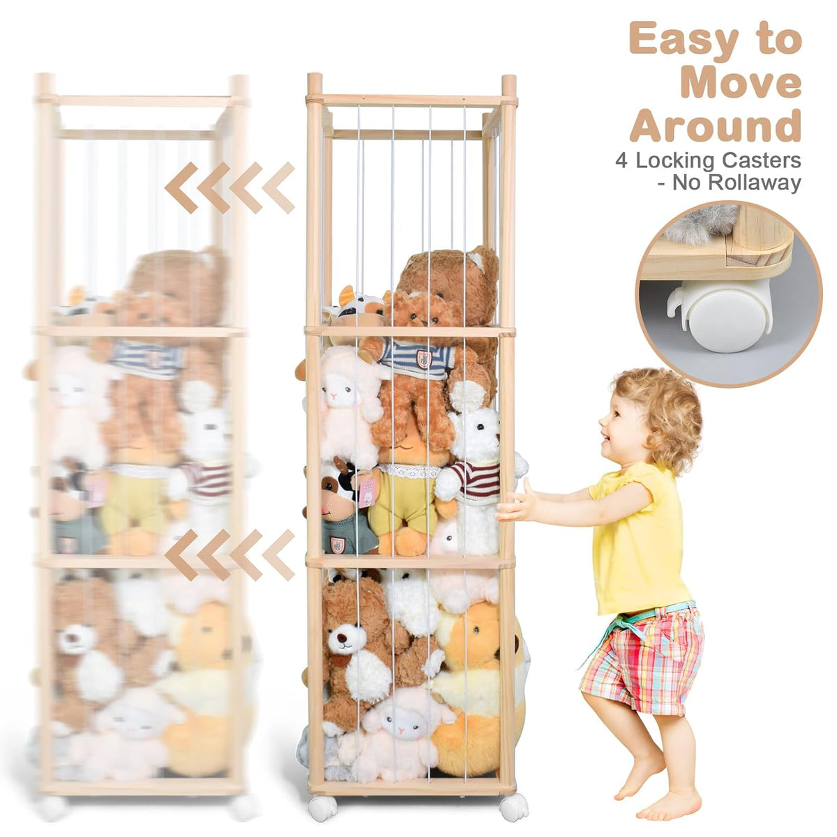 Stuffed Animal Storage, Wood Stuffed Animal Zoo Storage with Brake Wheels, Space Save Toy Organizer, Large Capacity Stuffed Animal Holder, Perfect for Nursery Playroom Kidroom Bedroom-54.3 Inch