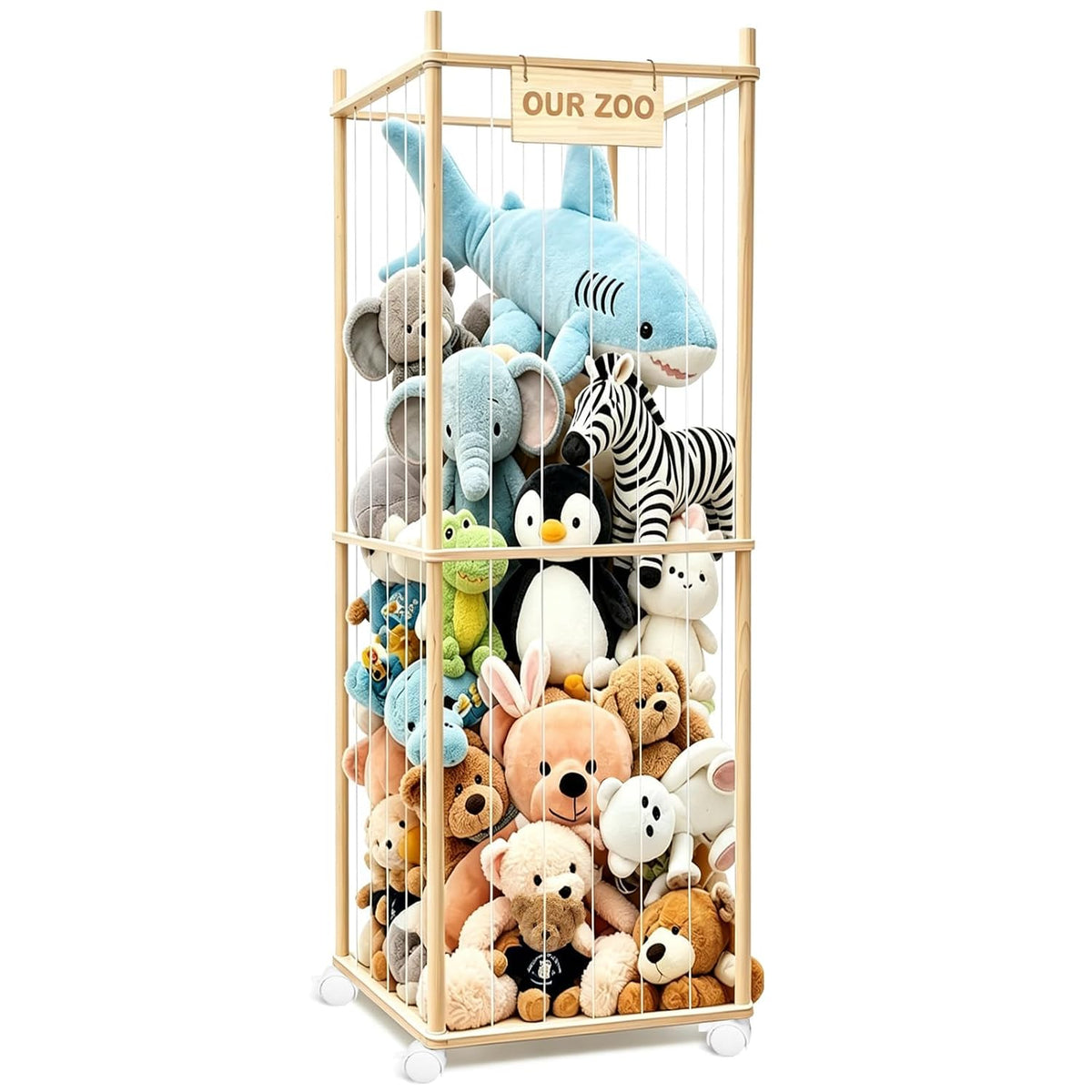 Stuffed Animal Storage, Wood Stuffed Animal Zoo Storage with Brake Wheels, Space Save Toy Organizer, Large Capacity Stuffed Animal Holder, Perfect for Nursery Playroom Kidroom Bedroom-54.3 Inch