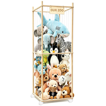 Stuffed Animal Storage, Wood Stuffed Animal Zoo Storage with Brake Wheels, Space Save Toy Organizer, Large Capacity Stuffed Animal Holder, Perfect for Nursery Playroom Kidroom Bedroom-54.3 Inch