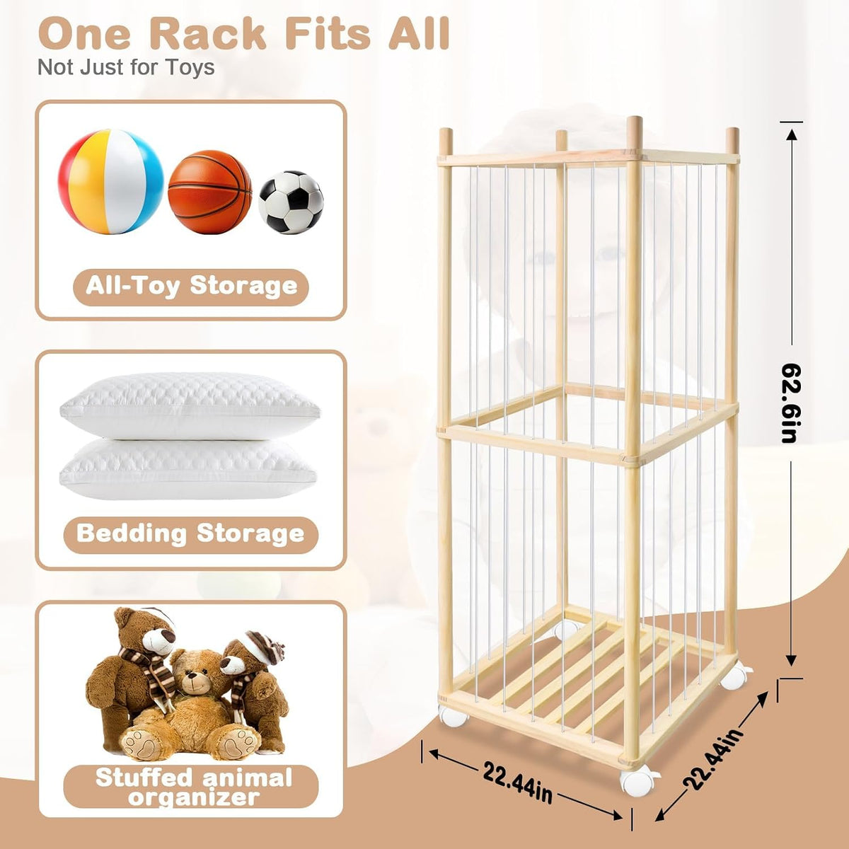 Stuffed Animal Storage, Wood Stuffed Animal Zoo Storage with Brake Wheels, Space Save Toy Organizer, Large Capacity Stuffed Animal Holder, Perfect for Nursery Playroom Kidroom Bedroom-54.3 Inch