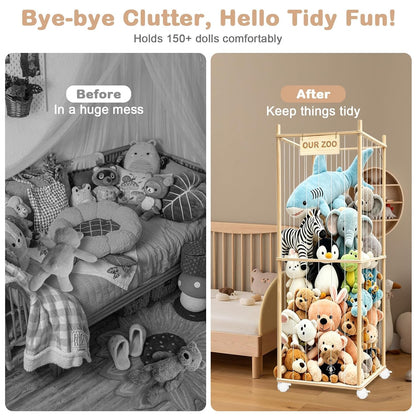 Stuffed Animal Storage, Wood Stuffed Animal Zoo Storage with Brake Wheels, Space Save Toy Organizer, Large Capacity Stuffed Animal Holder, Perfect for Nursery Playroom Kidroom Bedroom-54.3 Inch