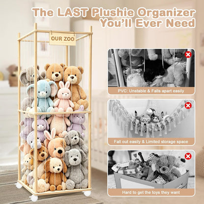 Stuffed Animal Storage, Wood Stuffed Animal Zoo Storage with Brake Wheels, Space Save Toy Organizer, Large Capacity Stuffed Animal Holder, Perfect for Nursery Playroom Kidroom Bedroom-54.3 Inch