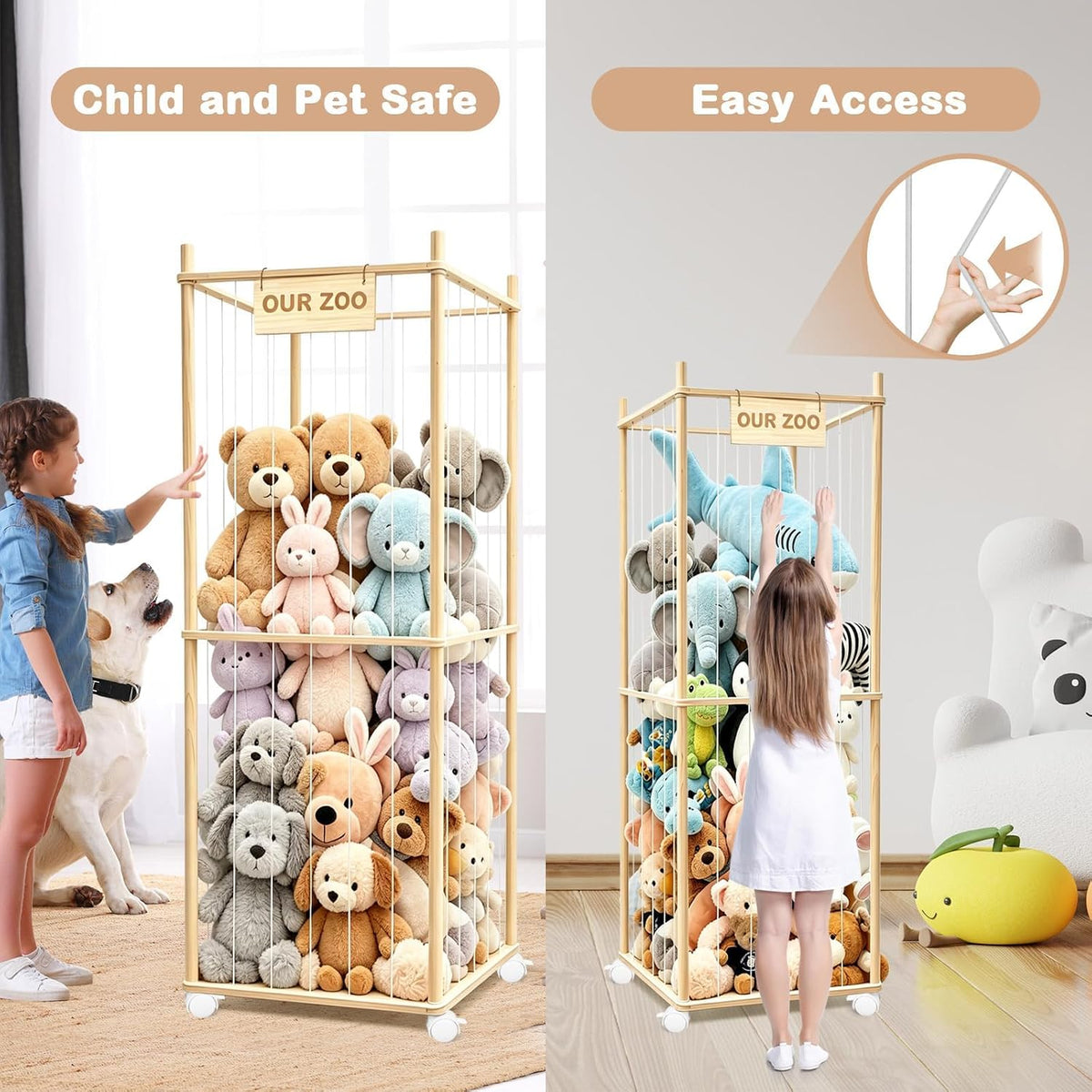 Stuffed Animal Storage, Wood Stuffed Animal Zoo Storage with Brake Wheels, Space Save Toy Organizer, Large Capacity Stuffed Animal Holder, Perfect for Nursery Playroom Kidroom Bedroom-54.3 Inch