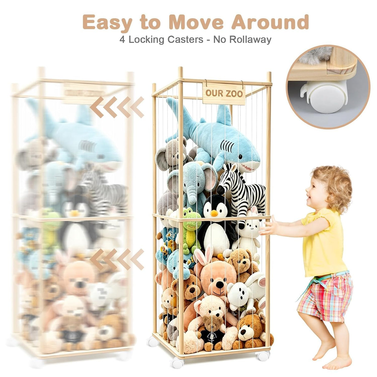 Stuffed Animal Storage, Wood Stuffed Animal Zoo Storage with Brake Wheels, Space Save Toy Organizer, Large Capacity Stuffed Animal Holder, Perfect for Nursery Playroom Kidroom Bedroom-54.3 Inch