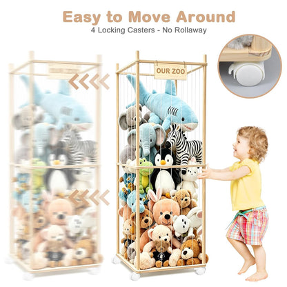 Stuffed Animal Storage, Wood Stuffed Animal Zoo Storage with Brake Wheels, Space Save Toy Organizer, Large Capacity Stuffed Animal Holder, Perfect for Nursery Playroom Kidroom Bedroom-54.3 Inch