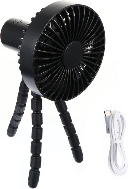 Portable Mini Stroller Fan with Flexible Tripod Stand, USB Rechargeable Handheld Cooling Fan, Lightweight Black Portable Air Cooler for Outdoor Travel and Strollers