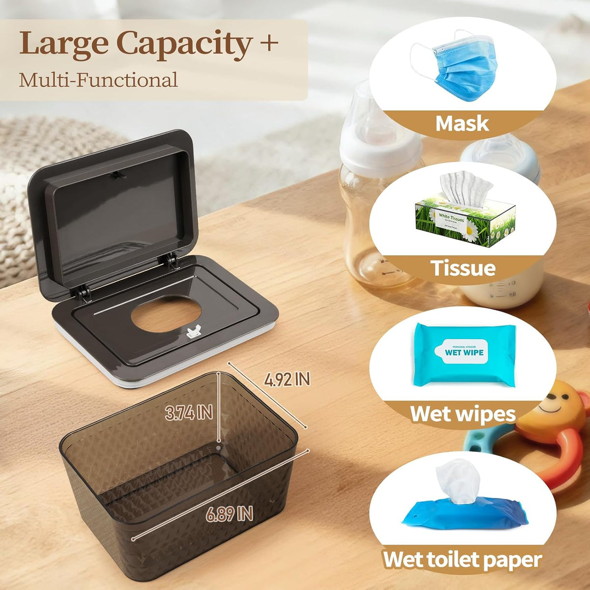 Baby Wipes Dispenser, One-Handed Operation Wipes Container, Grey