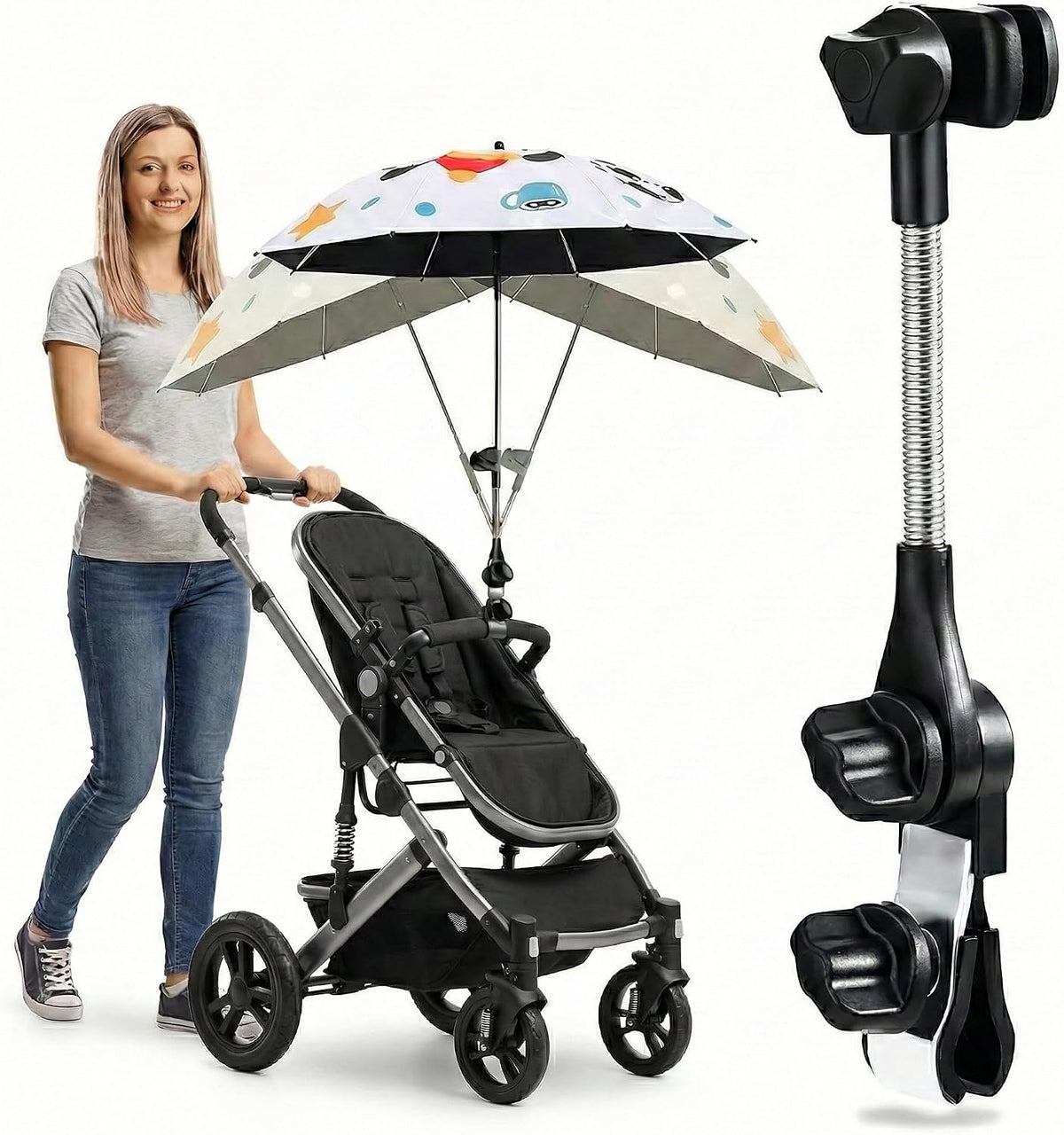 Universal 360° Adjustable Stroller Umbrella Attachment, Umbrella Holder for Chairs, Bikes & Wheelchairs - Clamp Fits 0.6-1.2in Handles, Beach Camping Gear