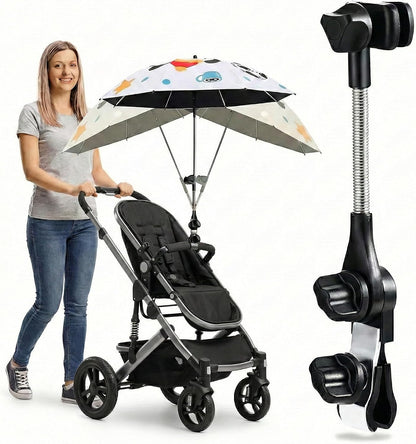 Universal 360° Adjustable Stroller Umbrella Attachment, Umbrella Holder for Chairs, Bikes & Wheelchairs - Clamp Fits 0.6-1.2in Handles, Beach Camping Gear