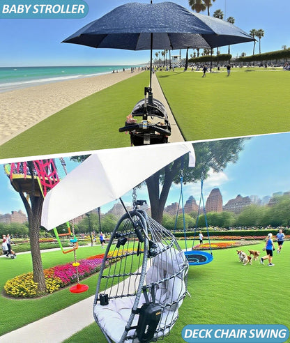 Universal 360° Adjustable Stroller Umbrella Attachment, Umbrella Holder for Chairs, Bikes & Wheelchairs - Clamp Fits 0.6-1.2in Handles, Beach Camping Gear