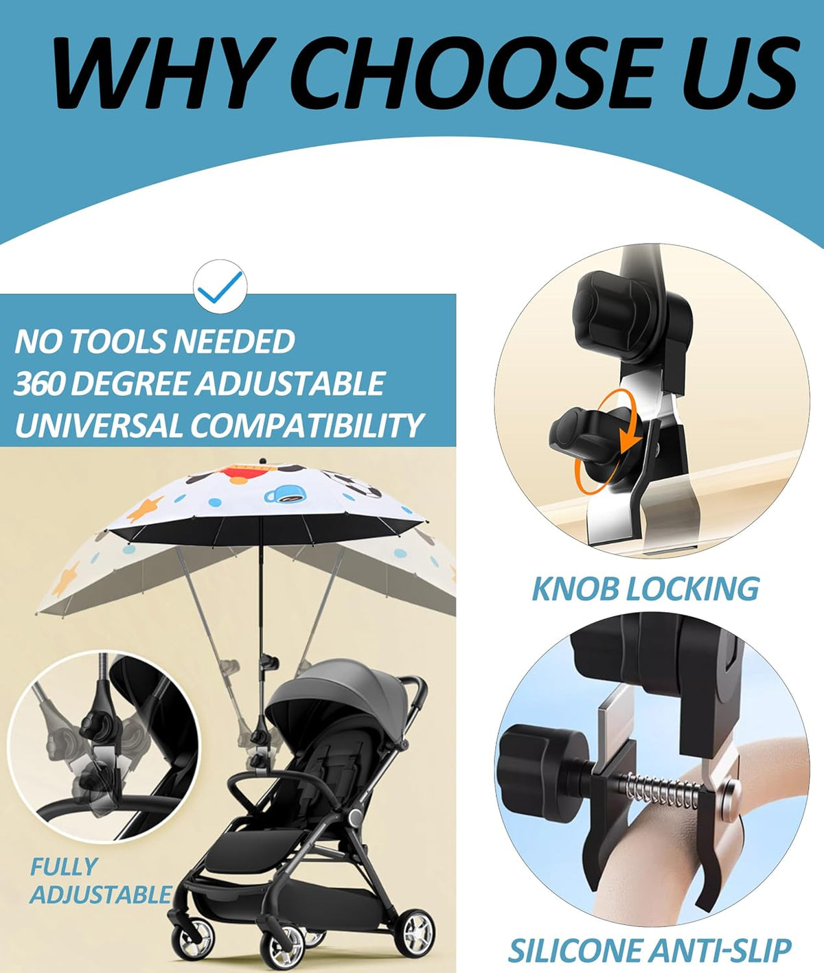 Universal 360° Adjustable Stroller Umbrella Attachment, Umbrella Holder for Chairs, Bikes & Wheelchairs - Clamp Fits 0.6-1.2in Handles, Beach Camping Gear