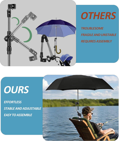 Universal 360° Adjustable Stroller Umbrella Attachment, Umbrella Holder for Chairs, Bikes & Wheelchairs - Clamp Fits 0.6-1.2in Handles, Beach Camping Gear