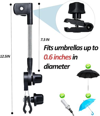 Universal 360° Adjustable Stroller Umbrella Attachment, Umbrella Holder for Chairs, Bikes & Wheelchairs - Clamp Fits 0.6-1.2in Handles, Beach Camping Gear