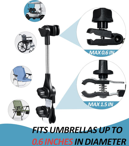 Universal 360° Adjustable Stroller Umbrella Attachment, Umbrella Holder for Chairs, Bikes & Wheelchairs - Clamp Fits 0.6-1.2in Handles, Beach Camping Gear