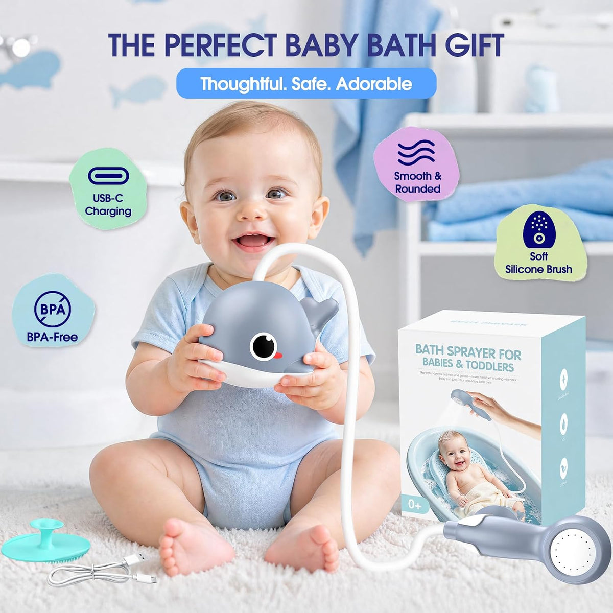 Whale Baby Bath Sprayer, Control the Flow Hands-Free 2 Gentle Modes