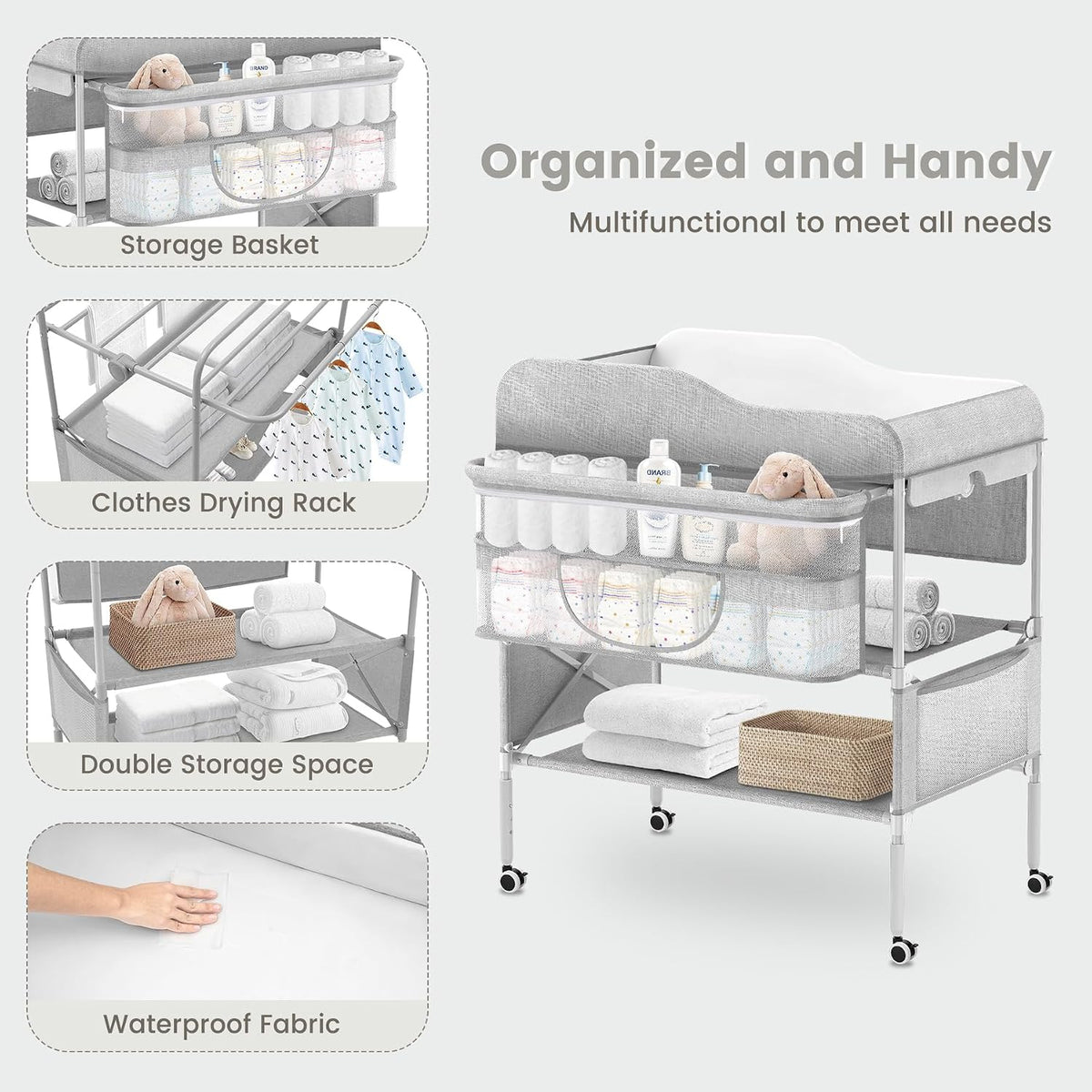 Portable Baby Diaper Changing Table, Foldable Diaper Changing Station, Waterproof Changing Table Height Adjustable Changing Station for Infant and Nursery, Mobile Changing Station