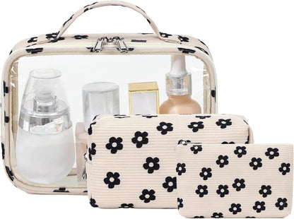 3Pcs Makeup Toiletry Bag for Women, Clear Packing Cubes Cosmetic Bag for Travel Women With Zipper Travel Essentials (Corduroy Floral 95)