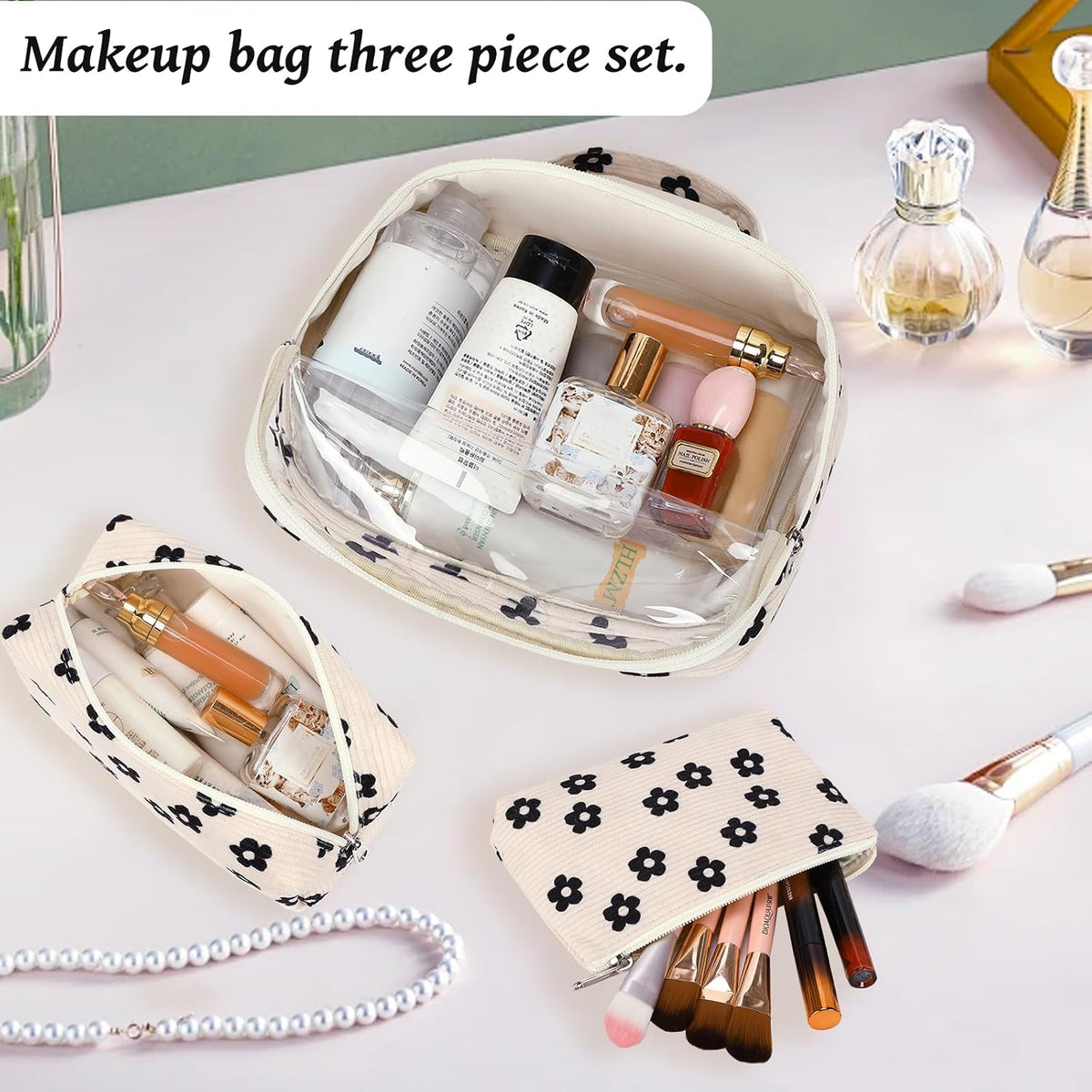 3Pcs Makeup Toiletry Bag for Women, Clear Packing Cubes Cosmetic Bag for Travel Women With Zipper Travel Essentials (Corduroy Floral 95)