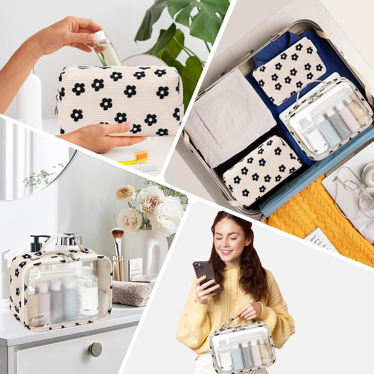 3Pcs Makeup Toiletry Bag for Women, Clear Packing Cubes Cosmetic Bag for Travel Women With Zipper Travel Essentials (Corduroy Floral 95)