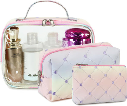 3Pcs Makeup Toiletry Bag for Women, Clear Packing Cubes Cosmetic Bag for Travel Women With Zipper Travel Essentials (Corduroy Floral 95)