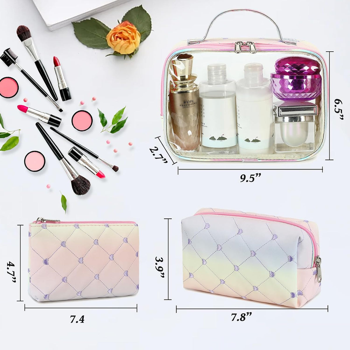 3Pcs Makeup Toiletry Bag for Women, Clear Packing Cubes Cosmetic Bag for Travel Women With Zipper Travel Essentials (Corduroy Floral 95)