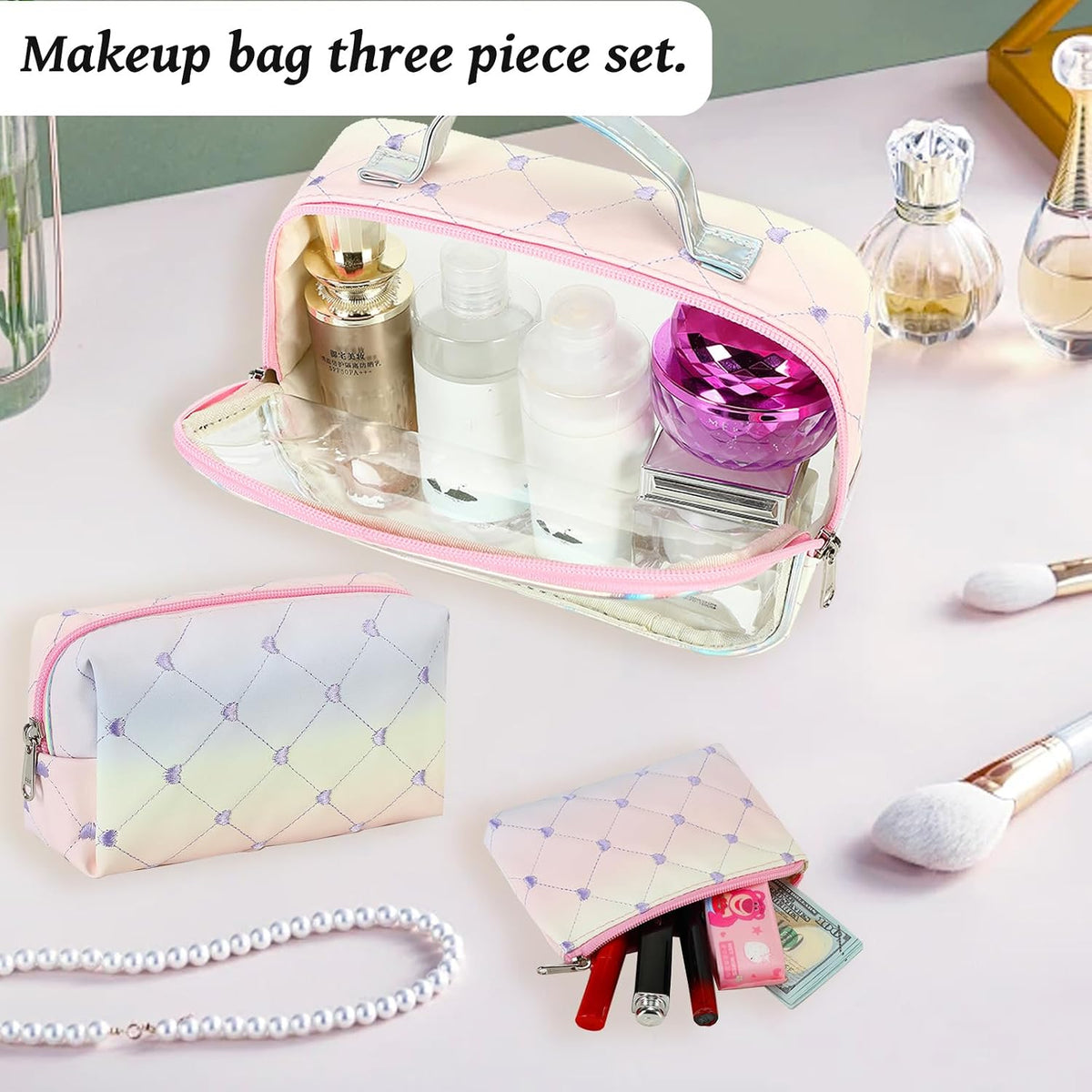 3Pcs Makeup Toiletry Bag for Women, Clear Packing Cubes Cosmetic Bag for Travel Women With Zipper Travel Essentials (Corduroy Floral 95)