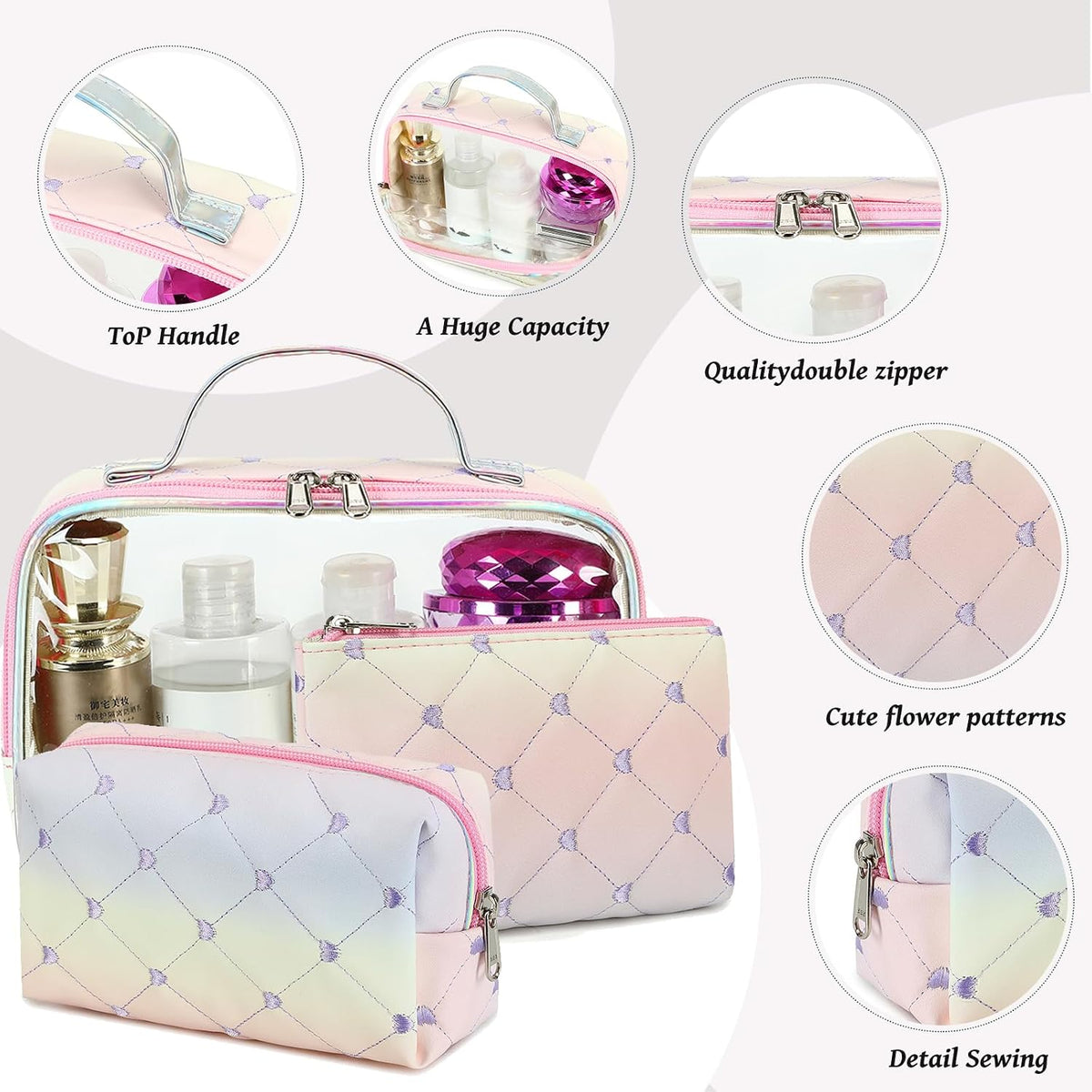 3Pcs Makeup Toiletry Bag for Women, Clear Packing Cubes Cosmetic Bag for Travel Women With Zipper Travel Essentials (Corduroy Floral 95)