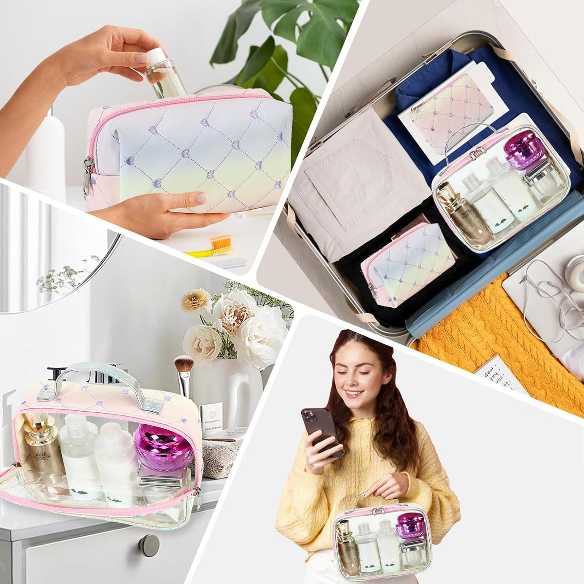 3Pcs Makeup Toiletry Bag for Women, Clear Packing Cubes Cosmetic Bag for Travel Women With Zipper Travel Essentials (Corduroy Floral 95)