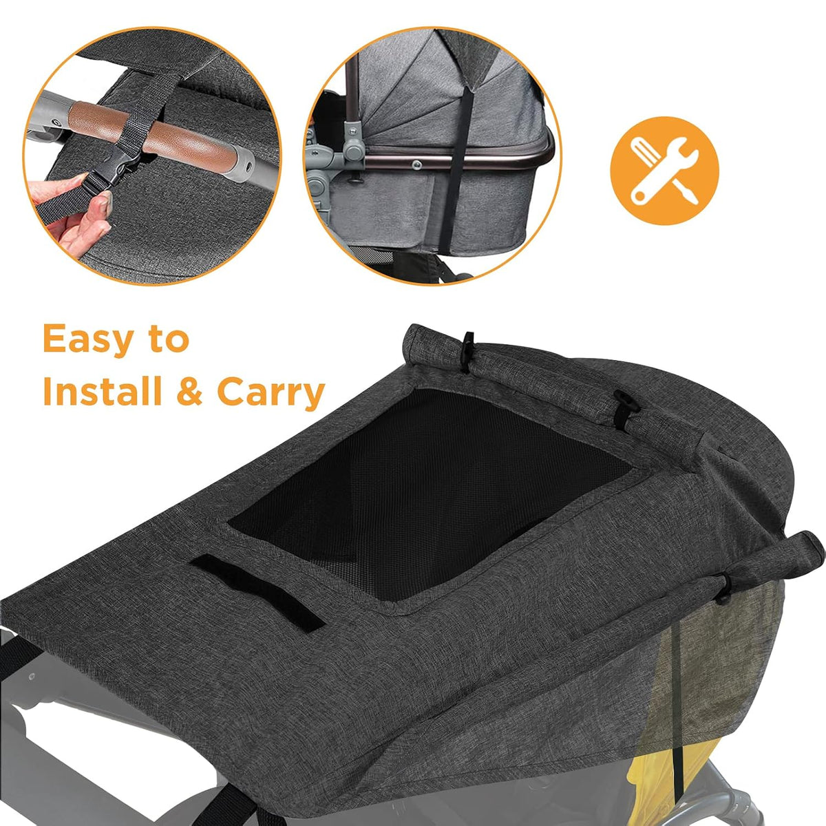 Buggy Sun Shade Universal Pram Sunshade Sun Cover for Strollers Pushchairs UV Protection Water Resistant Easy to Install, Deep Grey
