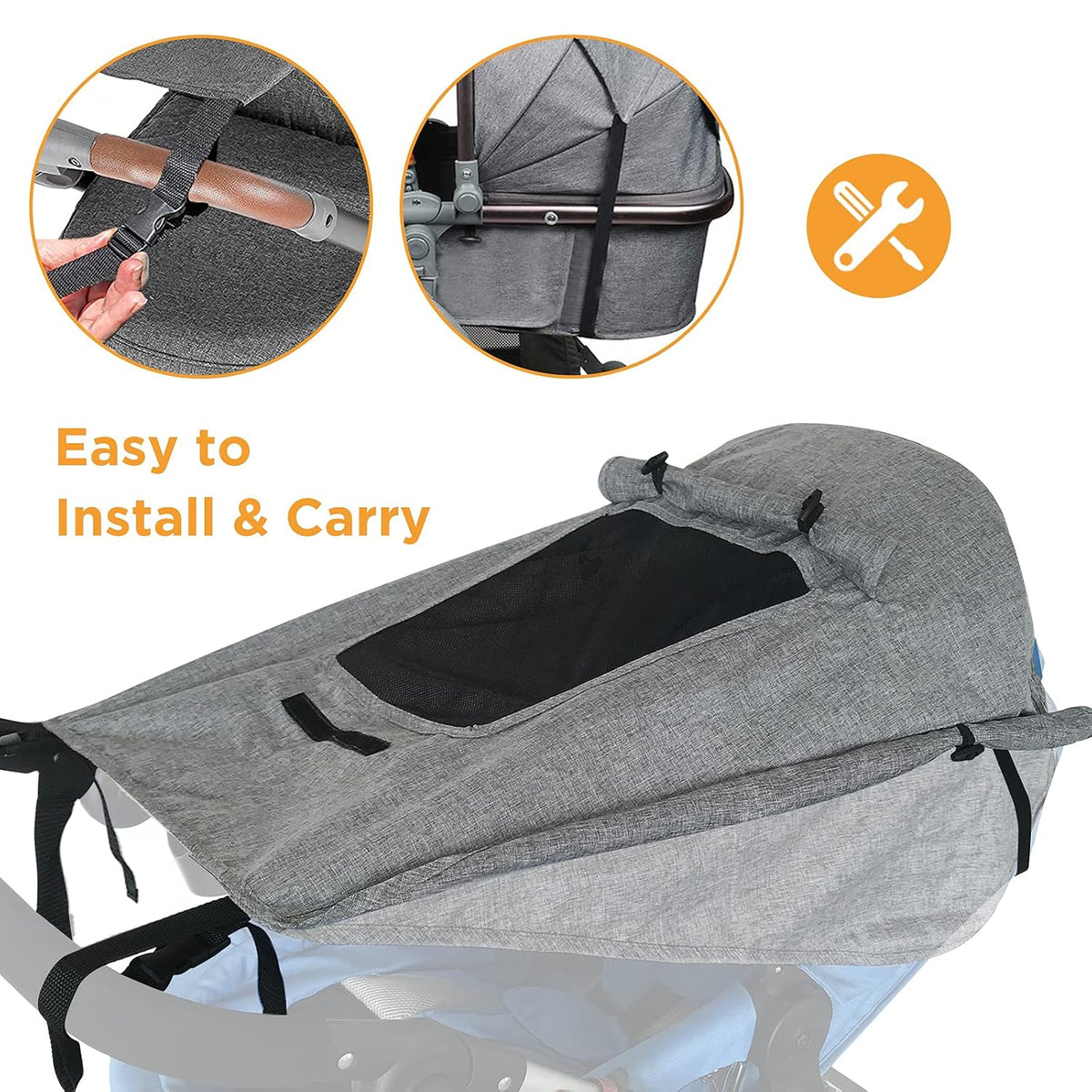 Buggy Sun Shade Universal Pram Sunshade Sun Cover for Strollers Pushchairs UV Protection Water Resistant Easy to Install, Deep Grey