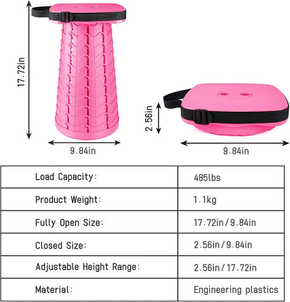 Upgraded Folding Stool - 485lbs Load Capacity,Telescopic Stool,Portable Collapsible Seat for Camping,Fishing,Hiking,Travel (Square-Pink)