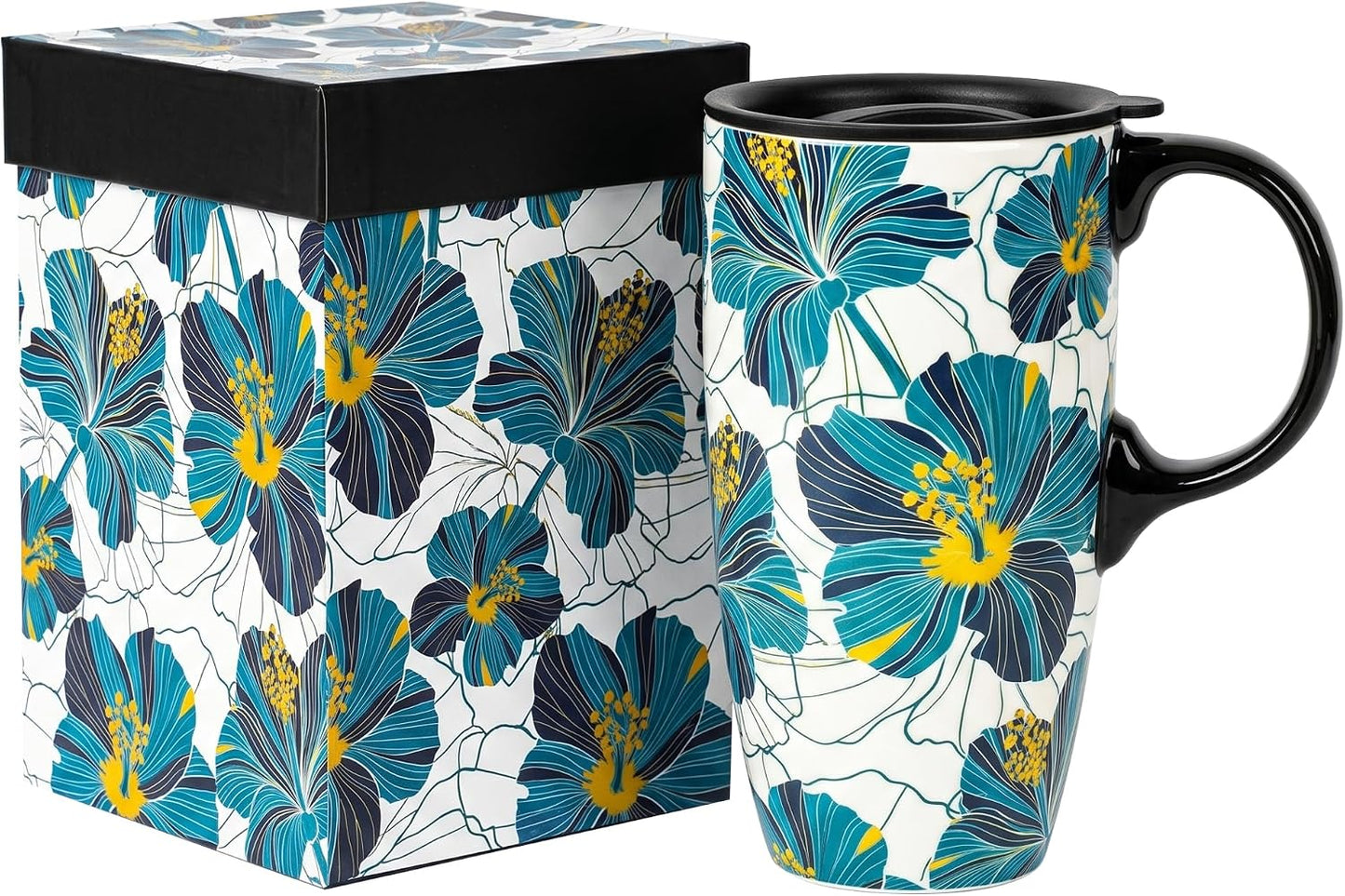 17 oz Ceramic Travel Mug with Lid and Handle | Tall Coffee Mug, Microwave & Dishwasher Safe, Botanical Floral Coffee Cup, Gift Box Included