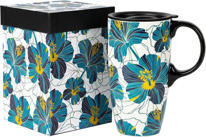 17 oz Ceramic Travel Mug with Lid and Handle | Tall Coffee Mug, Microwave & Dishwasher Safe, Botanical Floral Coffee Cup, Gift Box Included